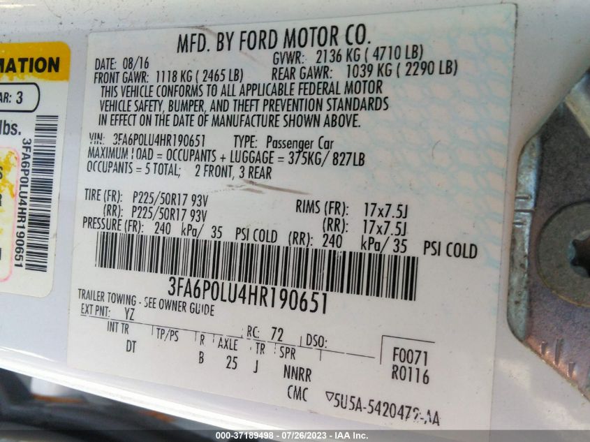 2017 FORD FUSION SE HYBRID - 3FA6P0LU4HR190651