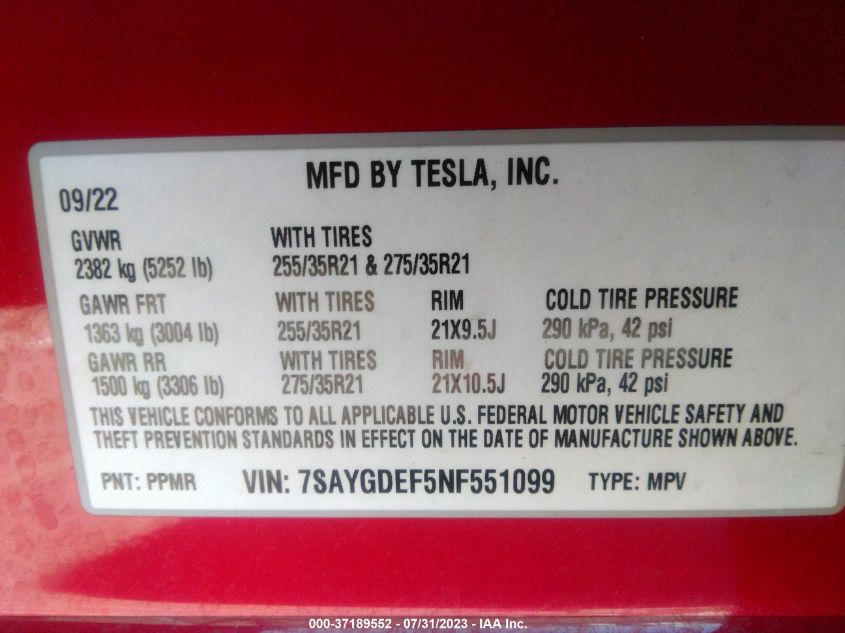 2022 TESLA MODEL Y - 7SAYGDEF5NF551099