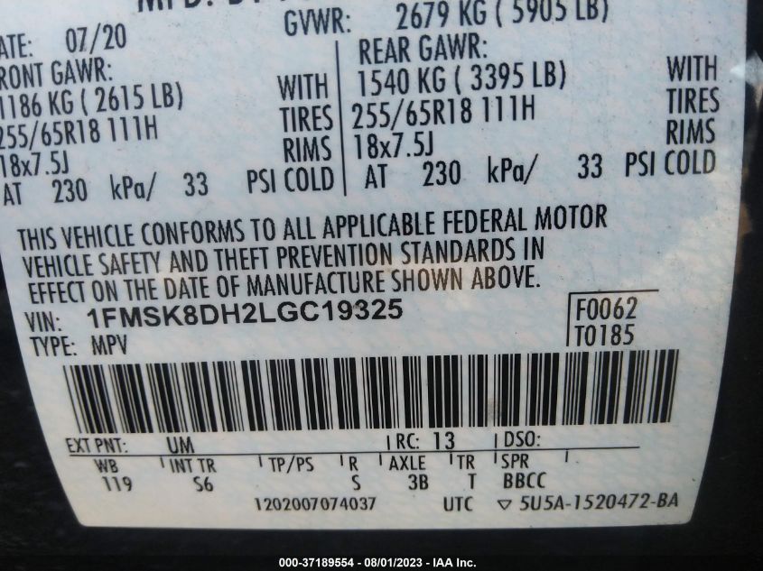 2020 FORD EXPLORER XLT - 1FMSK8DH2LGC19325