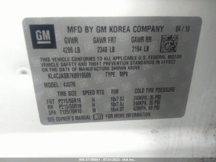 2019 BUICK ENCORE PREFERRED - KL4CJASB7KB919509