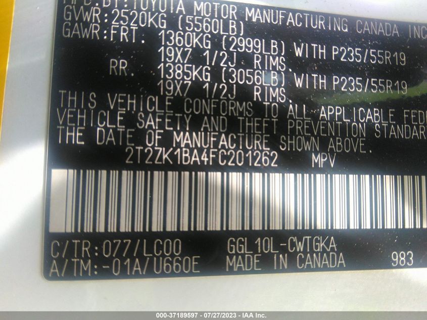 2015 LEXUS RX 350 - 2T2ZK1BA4FC201262