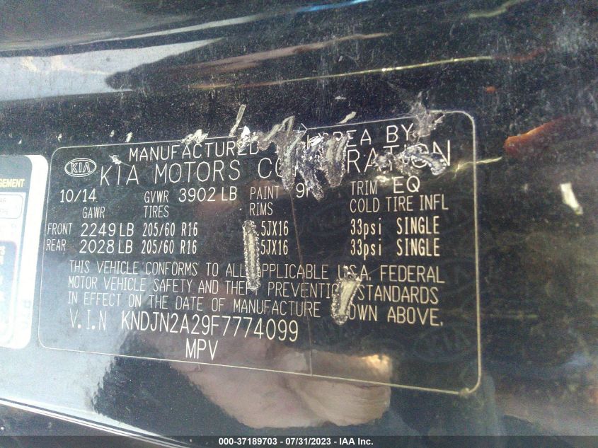 2015 KIA SOUL BASE - KNDJN2A29F7774099