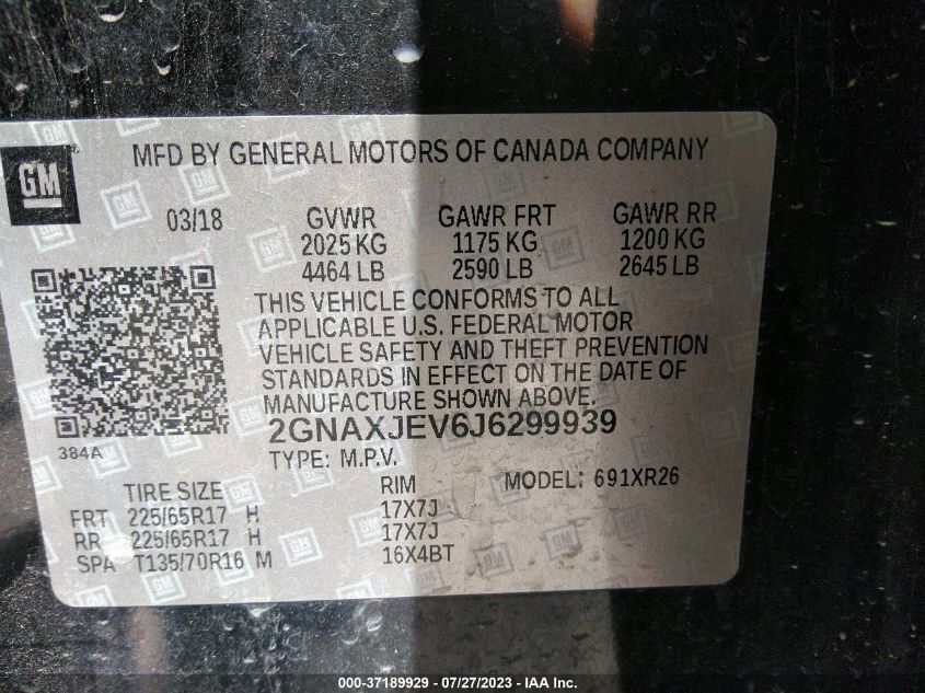 2018 CHEVROLET EQUINOX LT - 2GNAXJEV6J6299939