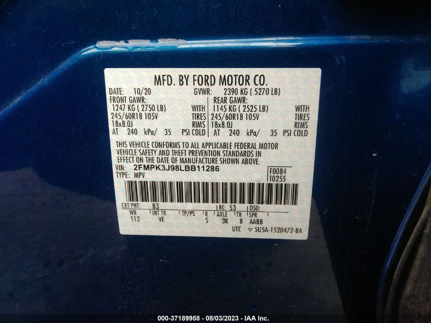 2FMPK3J98LBB11286 2020 FORD EDGE, photo no. 9