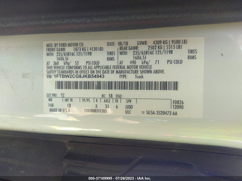 VIN 1FTBW2CG8JKB54943 2018 FORD TRANSIT VAN