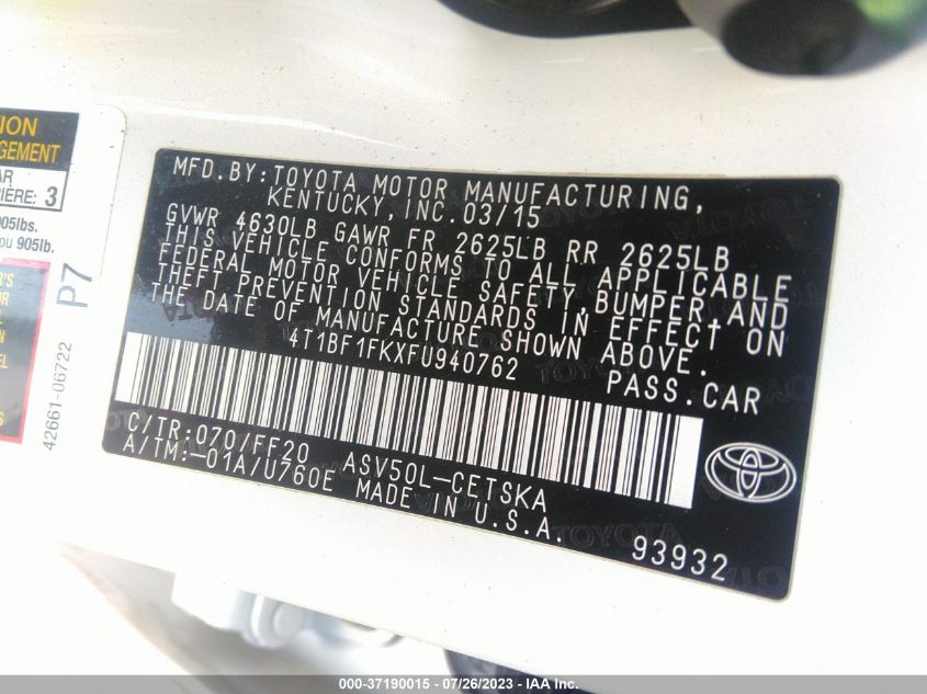 2015 TOYOTA CAMRY XLE/SE/LE/XSE - 4T1BF1FKXFU940762