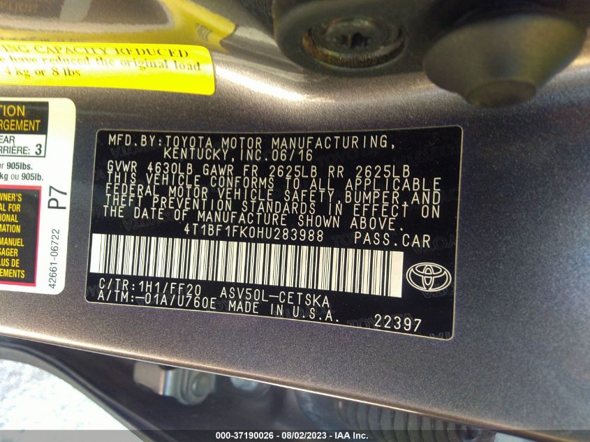 2017 TOYOTA CAMRY XLE/SE/LE/XSE - 4T1BF1FK0HU283988