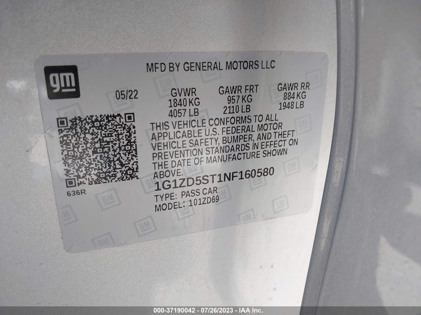 VIN 1G1ZD5ST1NF160580 2022 CHEVROLET MALIBU LT