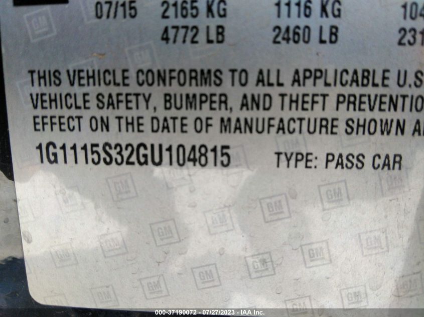 2016 CHEVROLET IMPALA LT - 1G1115S32GU104815