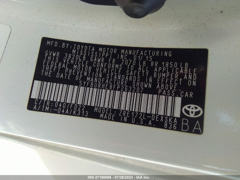 2015 TOYOTA COROLLA L/LE/S/S PLUS/LE PLUS - 5YFBURHE8FP263207