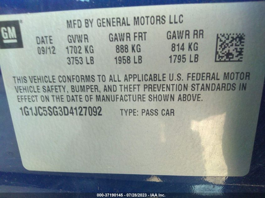 2013 CHEVROLET SONIC LT - 1G1JC5SG3D4127092