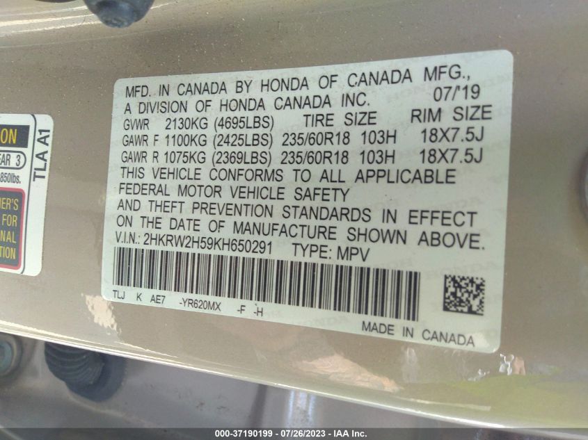 2019 HONDA CR-V EX - 2HKRW2H59KH650291