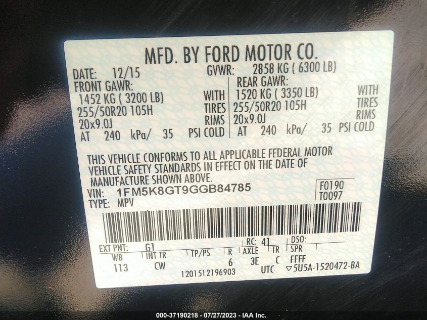2016 FORD EXPLORER SPORT - 1FM5K8GT9GGB84785