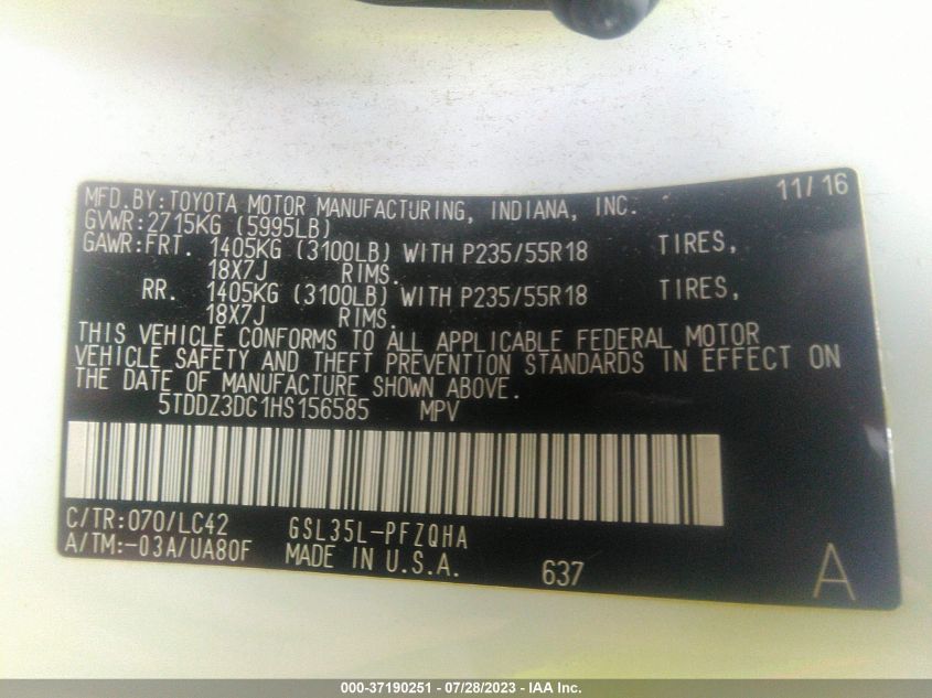 2017 TOYOTA SIENNA XLE - 5TDDZ3DC1HS156585