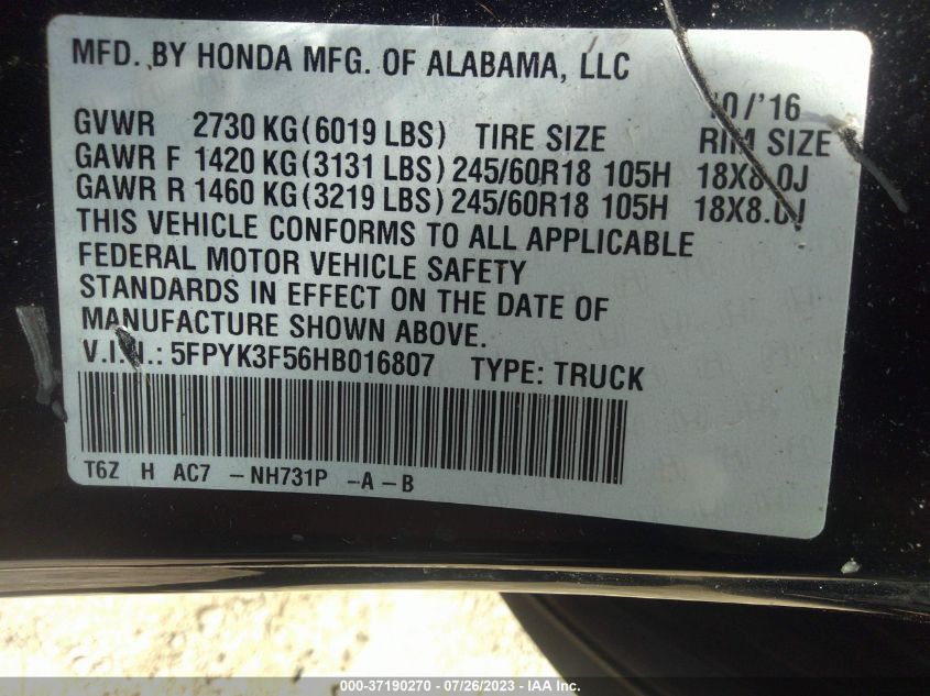 2017 HONDA RIDGELINE RTL - 5FPYK3F56HB016807
