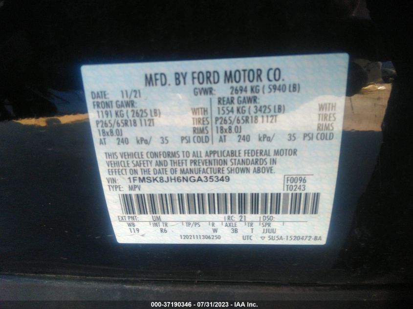 2022 FORD EXPLORER TIMBERLINE - 1FMSK8JH6NGA35349
