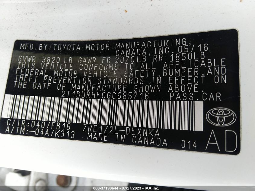 2016 TOYOTA COROLLA L/LE/S/S PLUS/LE PLUS - 2T1BURHE0GC685716