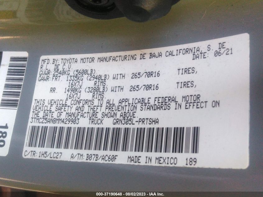 2021 TOYOTA TACOMA 4WD SR/SR5/TRD SPORT - 3TMCZ5AN8MM429903