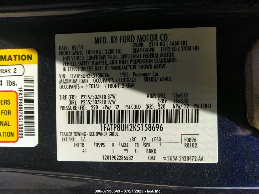 2019 FORD MUSTANG ECOBOOST - 1FATP8UH2K5158696