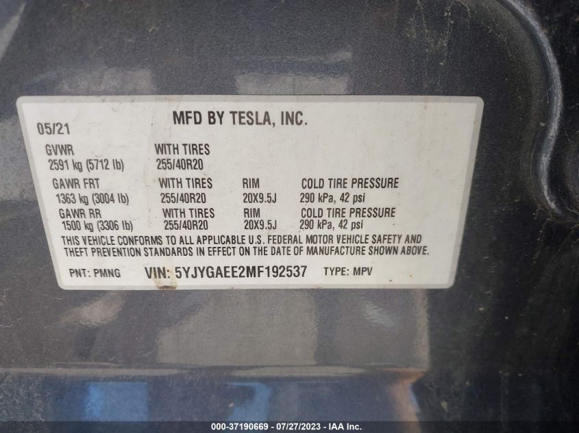 2021 TESLA MODEL Y LONG RANGE - 5YJYGAEE2MF192537
