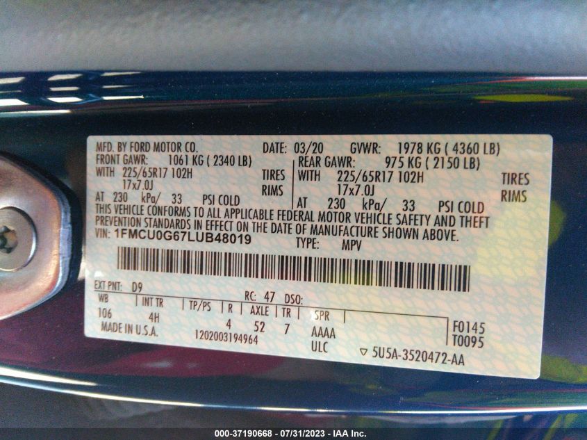 2020 FORD ESCAPE SE - 1FMCU0G67LUB48019