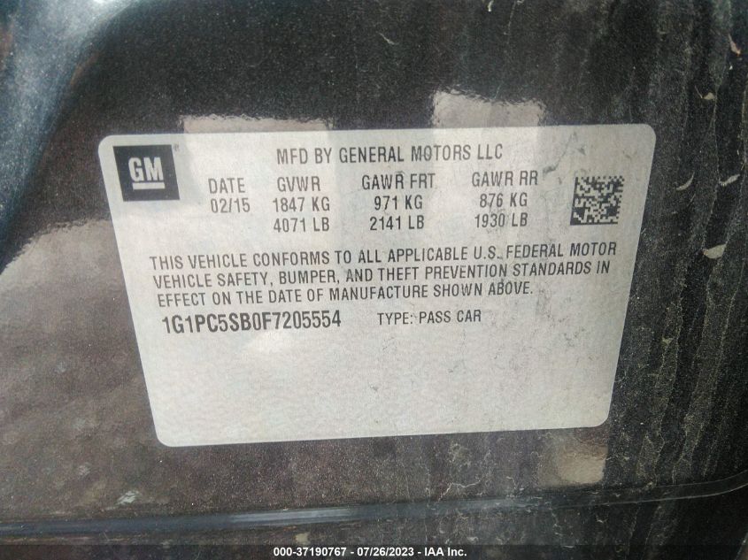 2015 CHEVROLET CRUZE LT - 1G1PC5SB0F7205554