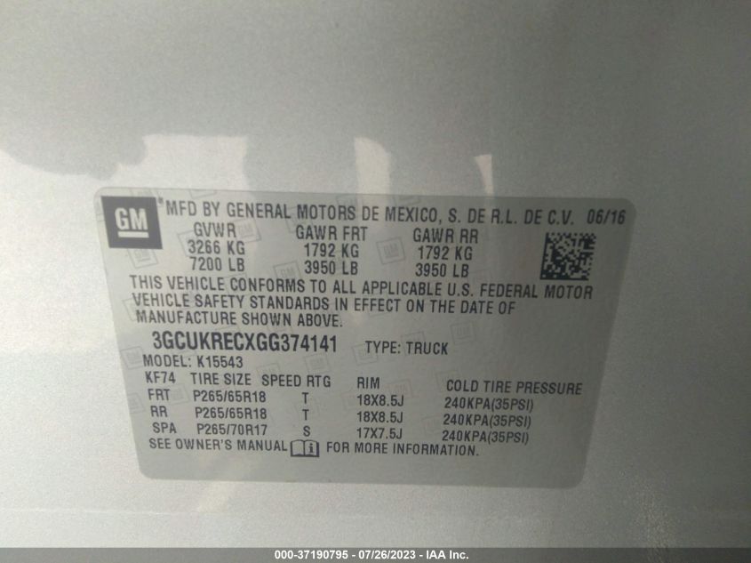 2016 CHEVROLET SILVERADO 1500 LT - 3GCUKRECXGG374141