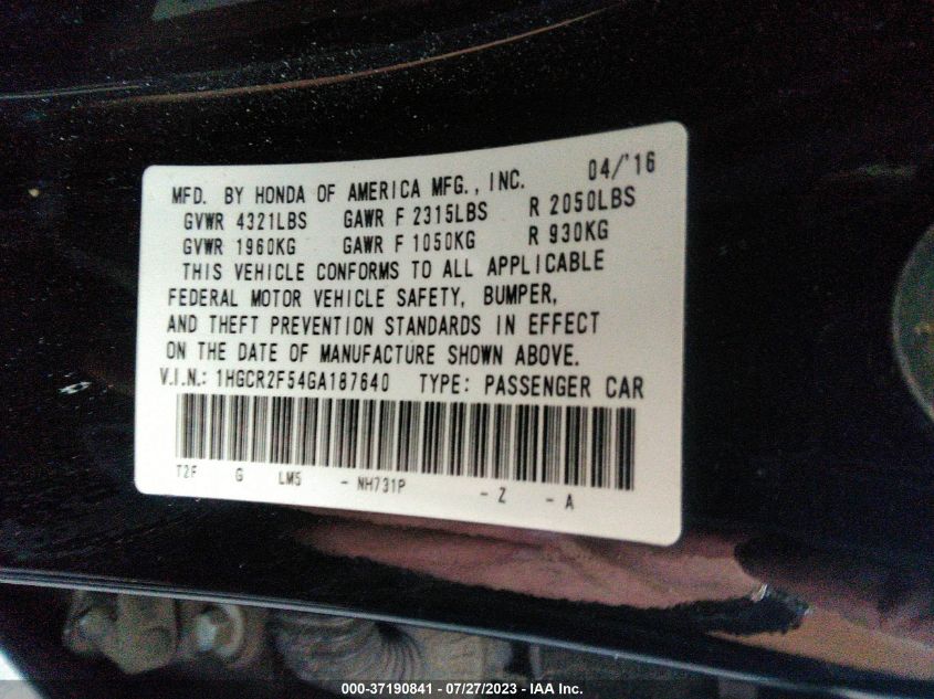 2016 HONDA ACCORD SEDAN SPORT - 1HGCR2F54GA187640
