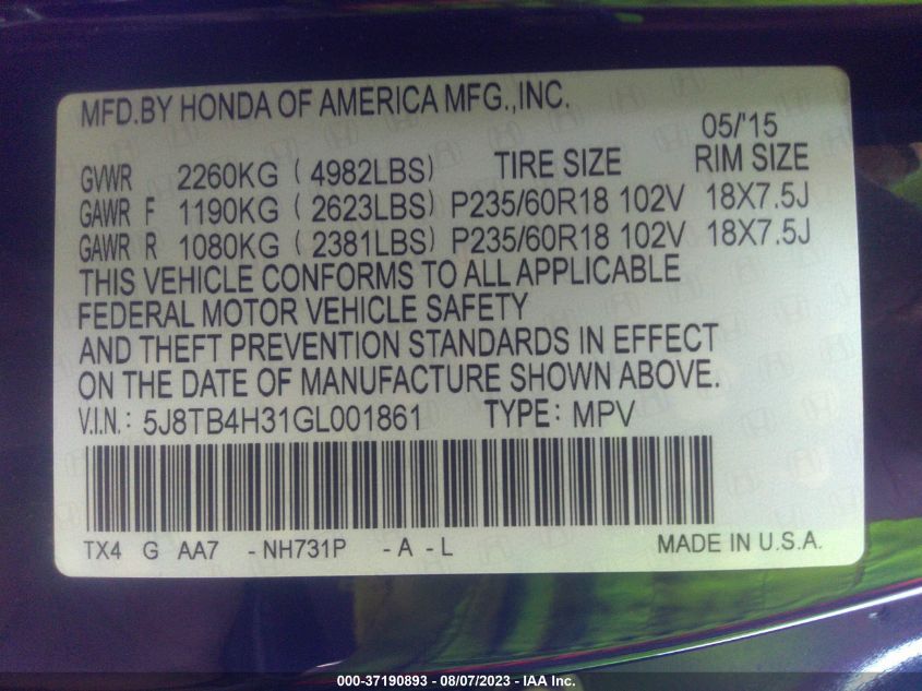 2016 ACURA RDX - 5J8TB4H31GL001861