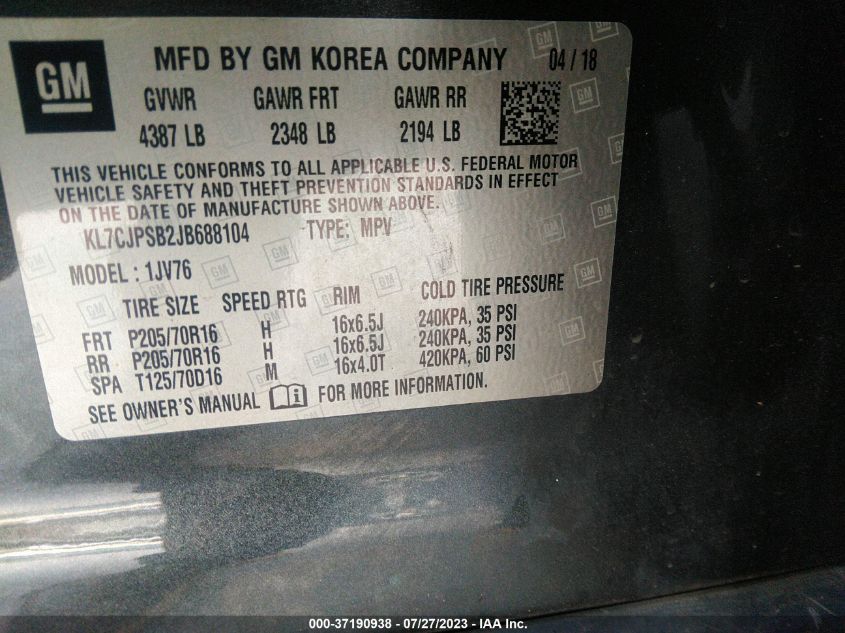 2018 CHEVROLET TRAX LT - KL7CJPSB2JB688104