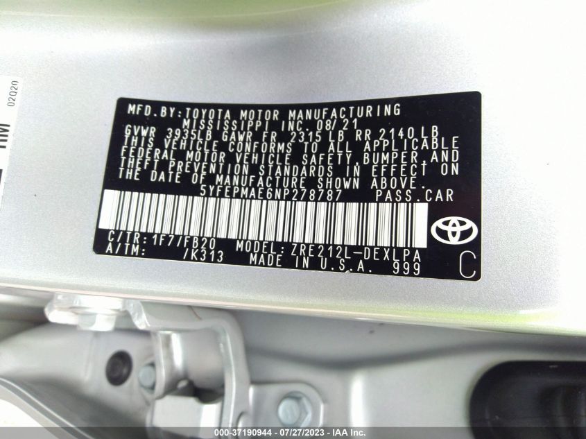 2022 TOYOTA COROLLA LE - 5YFEPMAE6NP278787