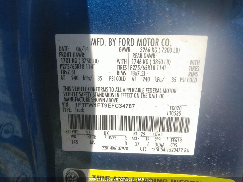 2014 FORD F-150 XL/XLT/FX4/LARIAT - 1FTFW1ET9EFC34787
