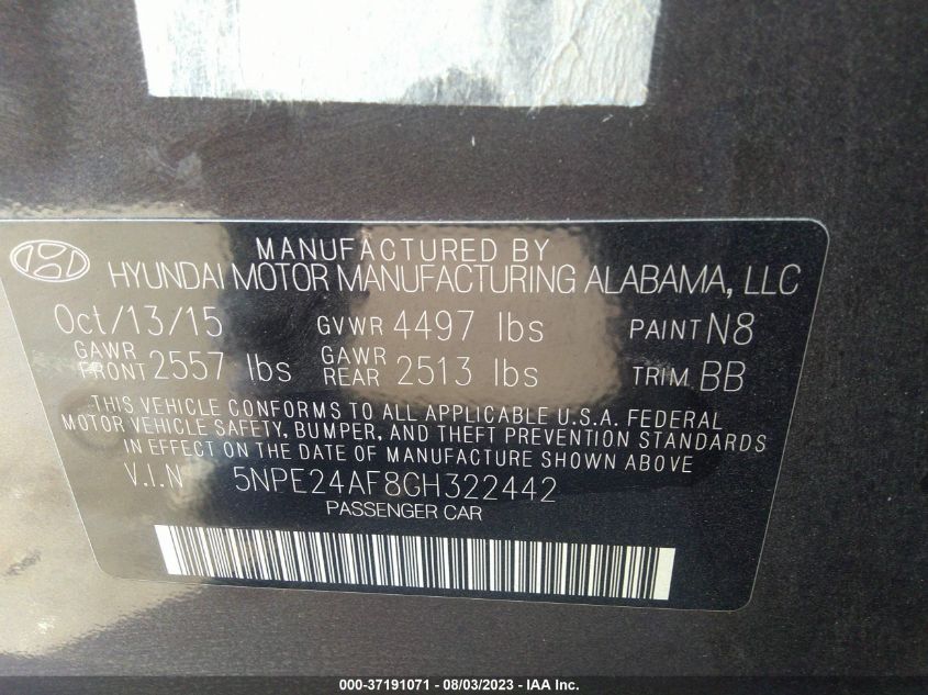 2016 HYUNDAI SONATA 2.4L SE - 5NPE24AF8GH322442