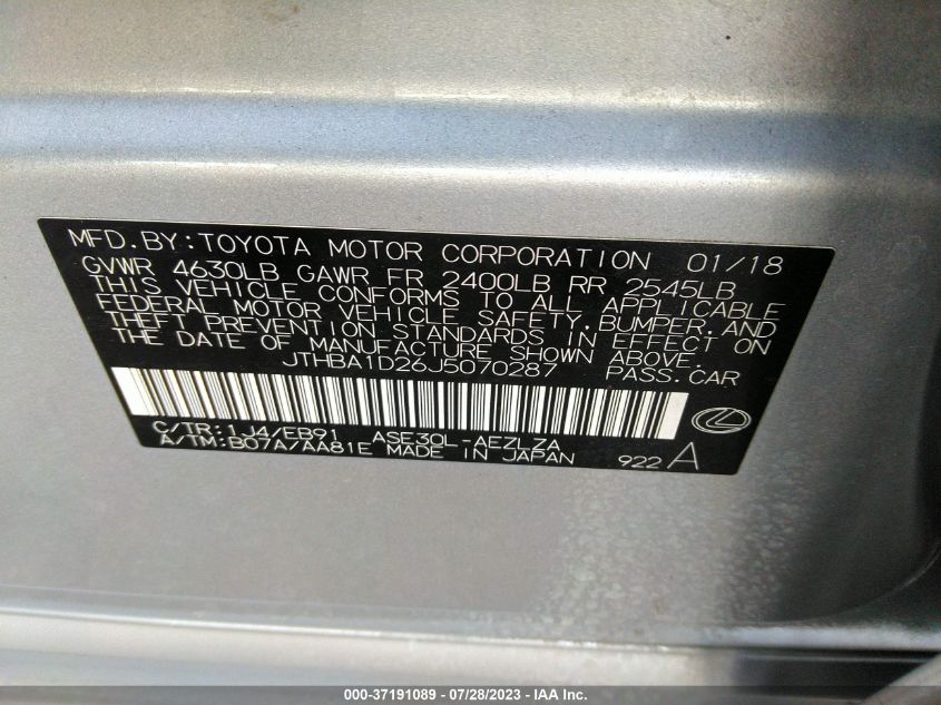 2018 LEXUS IS 300 - JTHBA1D26J5070287