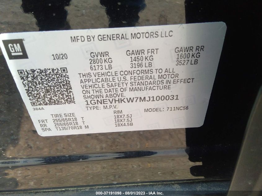 2021 CHEVROLET TRAVERSE LT LEATHER - 1GNEVHKW7MJ100031