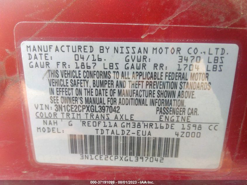 2016 NISSAN VERSA NOTE S/S PLUS/SV/SR/SL - 3N1CE2CPXGL397042