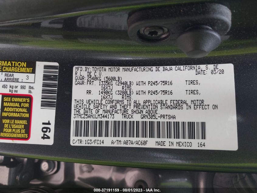 2020 TOYOTA TACOMA 4WD SR5/TRD SPORT - 3TMCZ5AN1LM344173