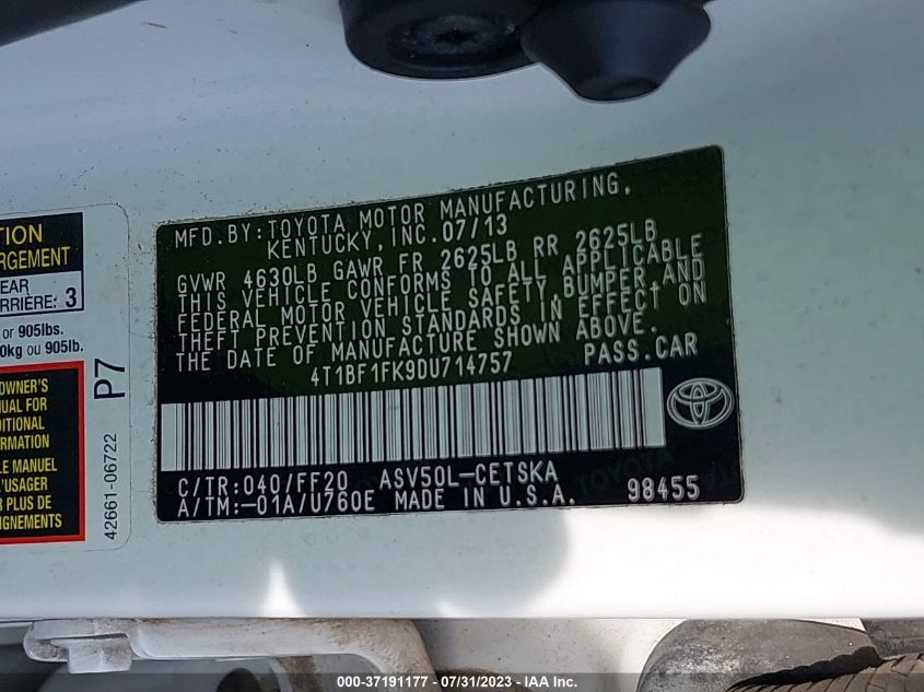 2013 TOYOTA CAMRY L/LE/SE/XLE - 4T1BF1FK9DU714757