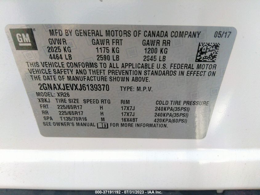 2018 CHEVROLET EQUINOX LT - 2GNAXJEVXJ6139370