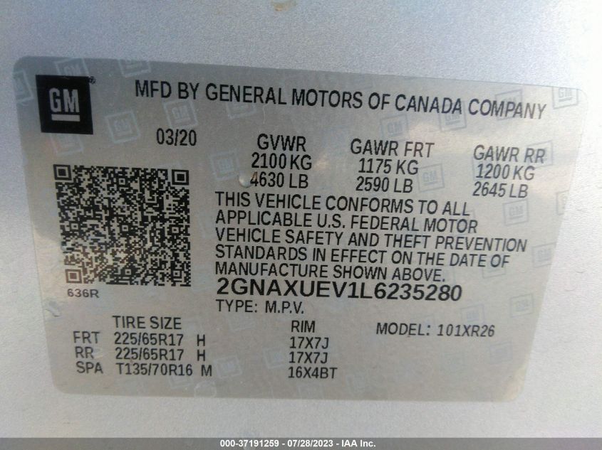 2020 CHEVROLET EQUINOX LT - 2GNAXUEV1L6235280