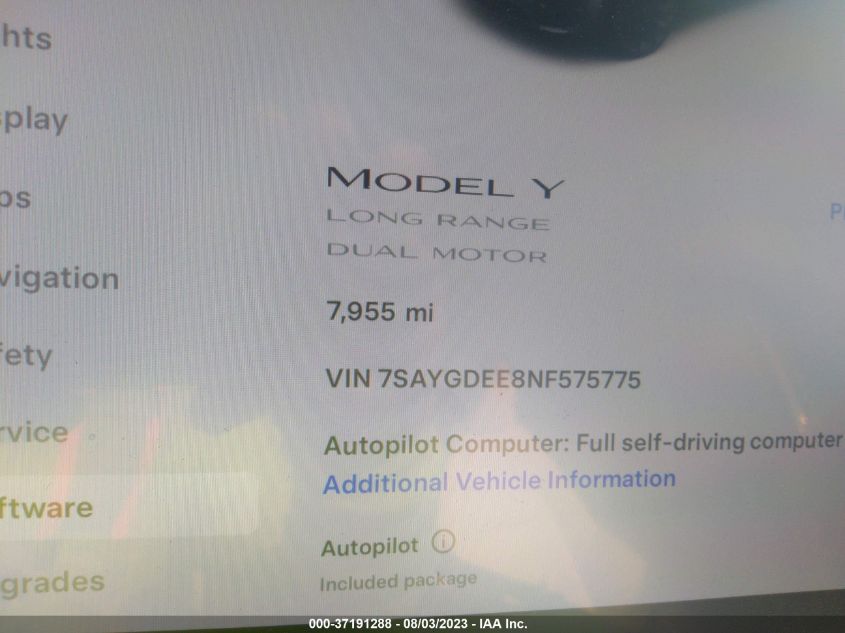 2022 TESLA MODEL Y LONG RANGE - 7SAYGDEE8NF575775