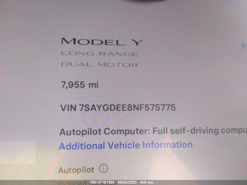 2022 TESLA MODEL Y LONG RANGE - 7SAYGDEE8NF575775