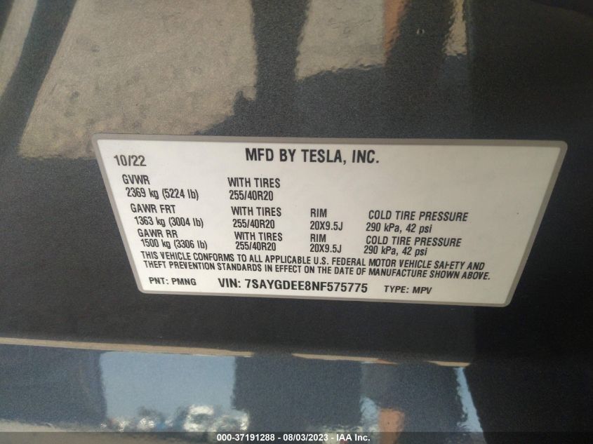 2022 TESLA MODEL Y LONG RANGE - 7SAYGDEE8NF575775