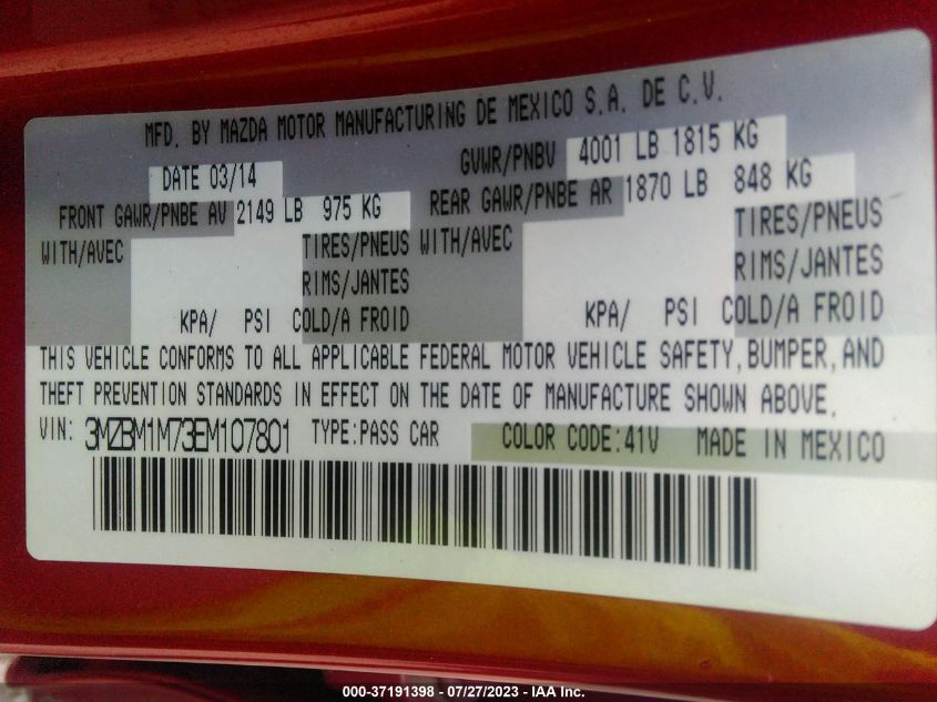 2014 MAZDA MAZDA3 I GRAND TOURING - 3MZBM1M73EM107801