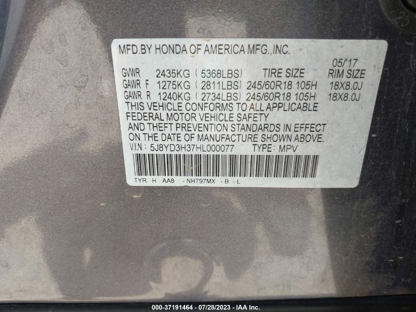 2017 ACURA MDX - 5J8YD3H37HL000077