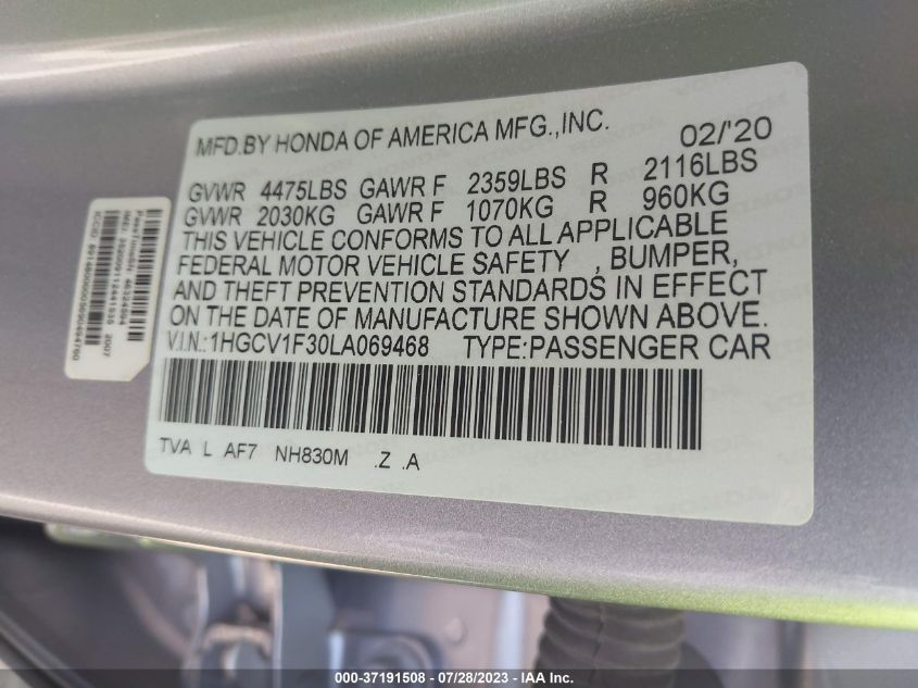 2020 HONDA ACCORD SEDAN SPORT - 1HGCV1F30LA069468