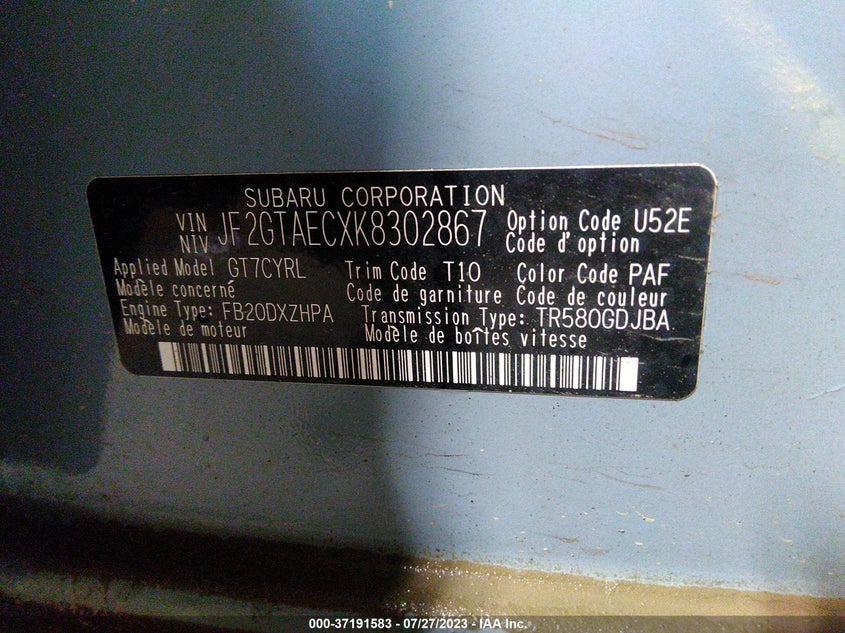 VIN JF2GTAECXK8302867 2019 SUBARU CROSSTREK PREMIUM