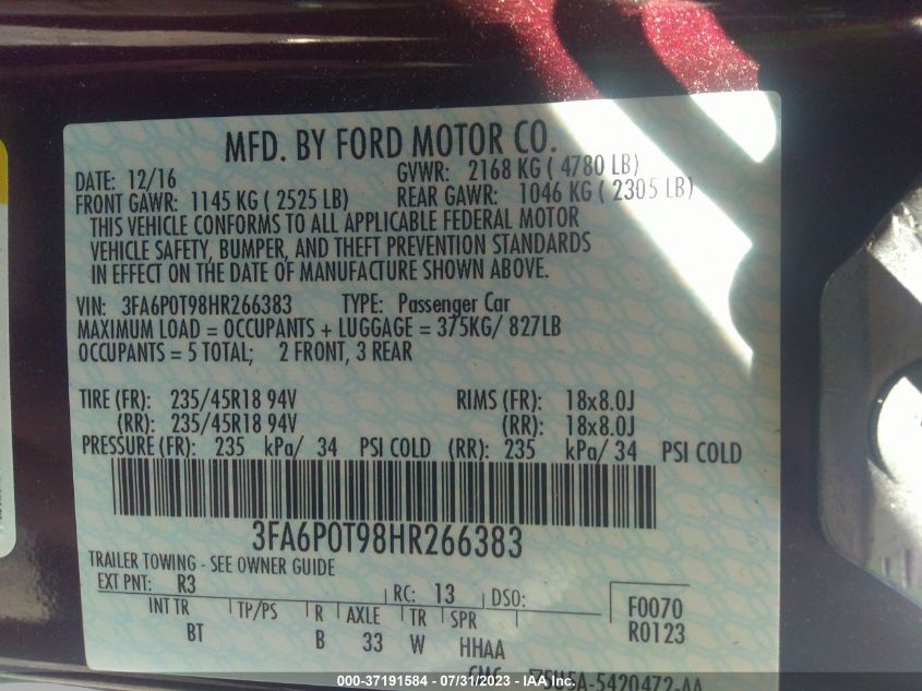 2017 FORD FUSION SE - 3FA6P0T98HR266383