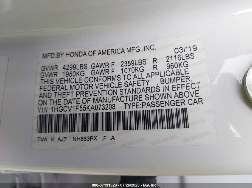 2019 HONDA ACCORD SEDAN EX-L 1.5T - 1HGCV1F55KA073208