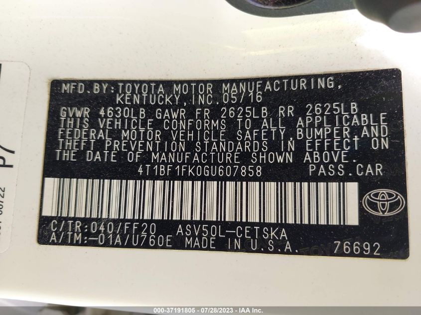 2016 TOYOTA CAMRY LE/XLE/SE/XSE - 4T1BF1FK0GU607858